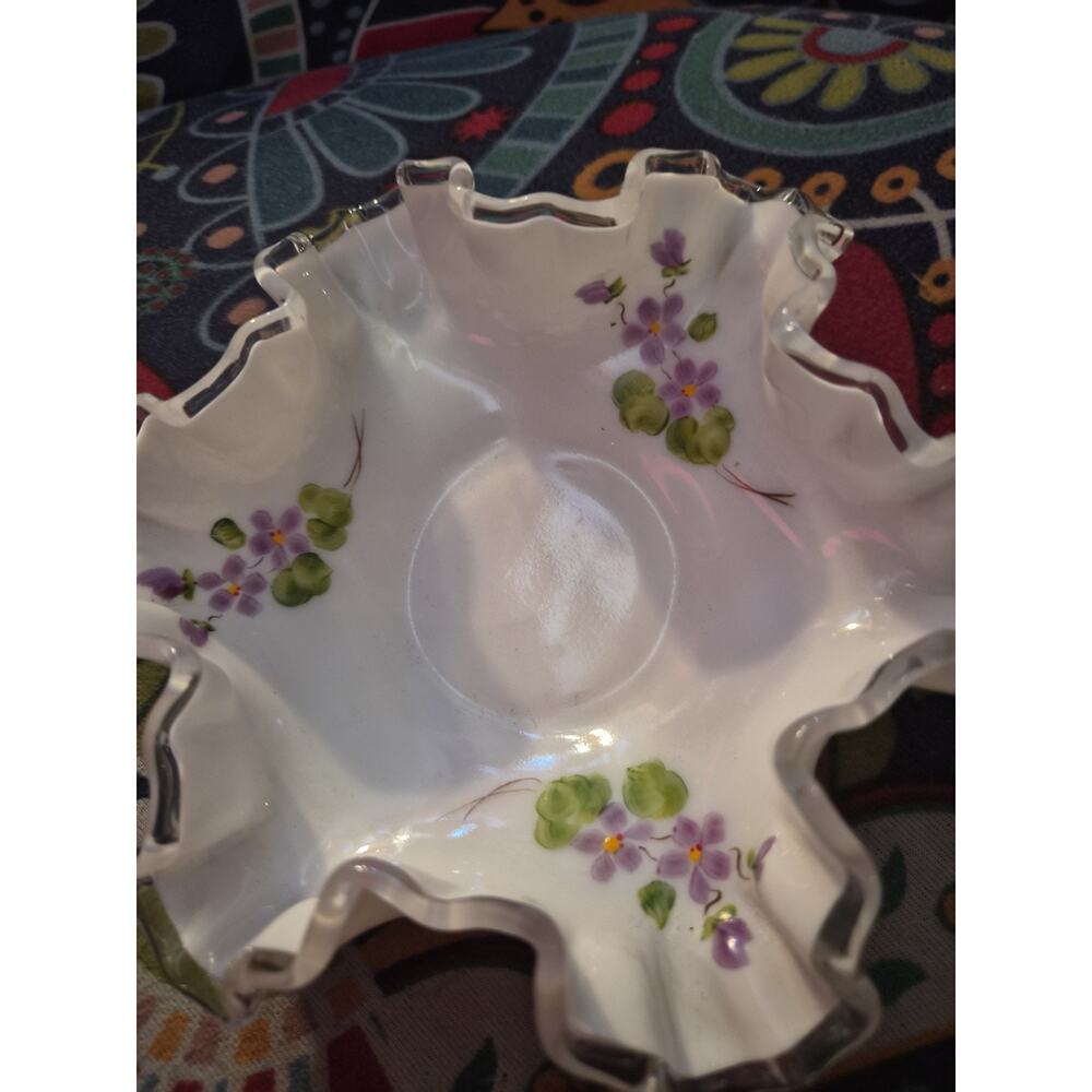 Fenton Silver Crest Violets in the Snow Hand Painted Signed Compote - Picture 2 of 4